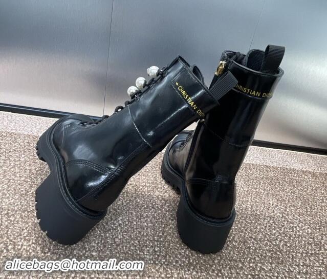 Luxury Dior D-Strike Ankle Boots 9cm in Black Matte Calfskin and White Resin Pearls 930033