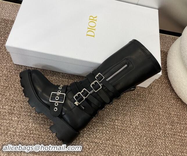 Shop Duplicate Dior D-Quest Platform High Boots in Black Calfskin with Strap Buckle 930034