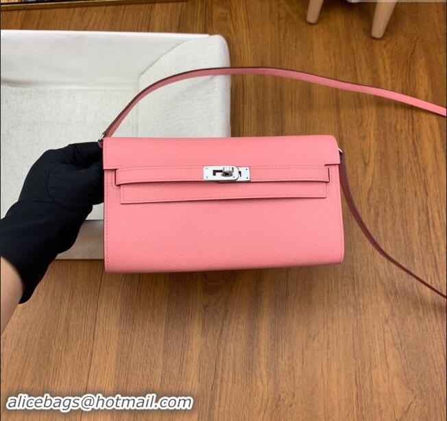 Best Price Hermes Kelly To Go Wallet Bag in Original Epsom Leather H0801 1Q Milk Shake Pink/Silver 2024 (Full Handmade)