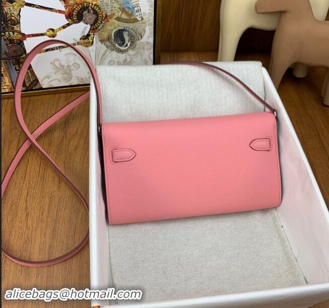 Best Price Hermes Kelly To Go Wallet Bag in Original Epsom Leather H0801 1Q Milk Shake Pink/Silver 2024 (Full Handmade)