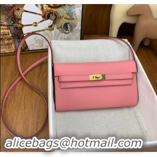 Luxury Cheap Hermes Kelly To Go Wallet Bag in Original Epsom Leather H0801 1Q Milk Shake Pink/Gold 2024 (Full Handmade)