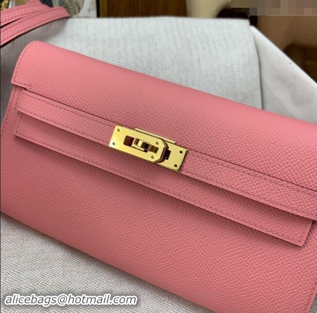 Luxury Cheap Hermes Kelly To Go Wallet Bag in Original Epsom Leather H0801 1Q Milk Shake Pink/Gold 2024 (Full Handmade)