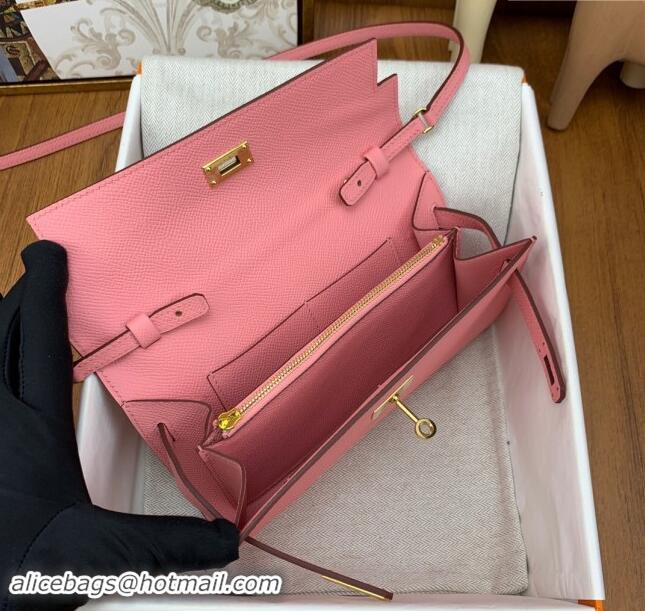 Luxury Cheap Hermes Kelly To Go Wallet Bag in Original Epsom Leather H0801 1Q Milk Shake Pink/Gold 2024 (Full Handmade)