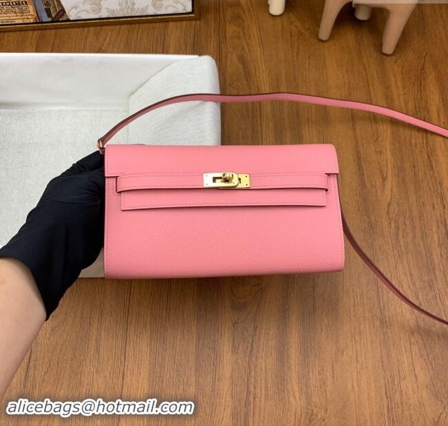 Luxury Cheap Hermes Kelly To Go Wallet Bag in Original Epsom Leather H0801 1Q Milk Shake Pink/Gold 2024 (Full Handmade)