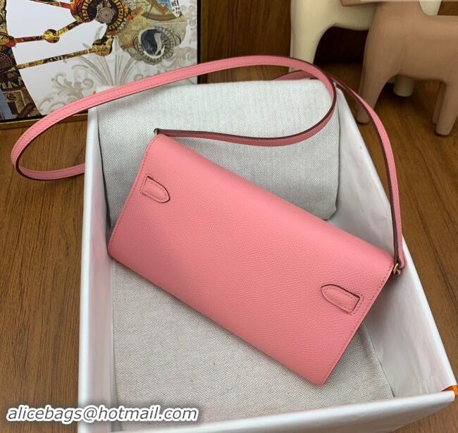 Luxury Cheap Hermes Kelly To Go Wallet Bag in Original Epsom Leather H0801 1Q Milk Shake Pink/Gold 2024 (Full Handmade)