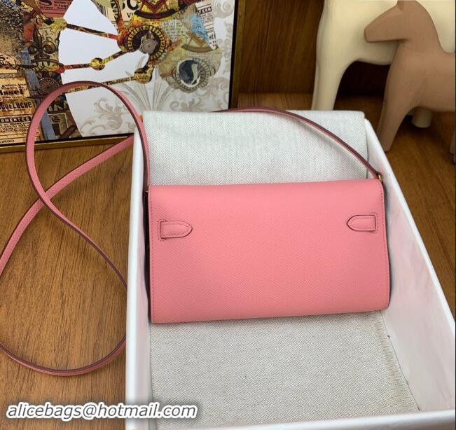 Luxury Cheap Hermes Kelly To Go Wallet Bag in Original Epsom Leather H0801 1Q Milk Shake Pink/Gold 2024 (Full Handmade)