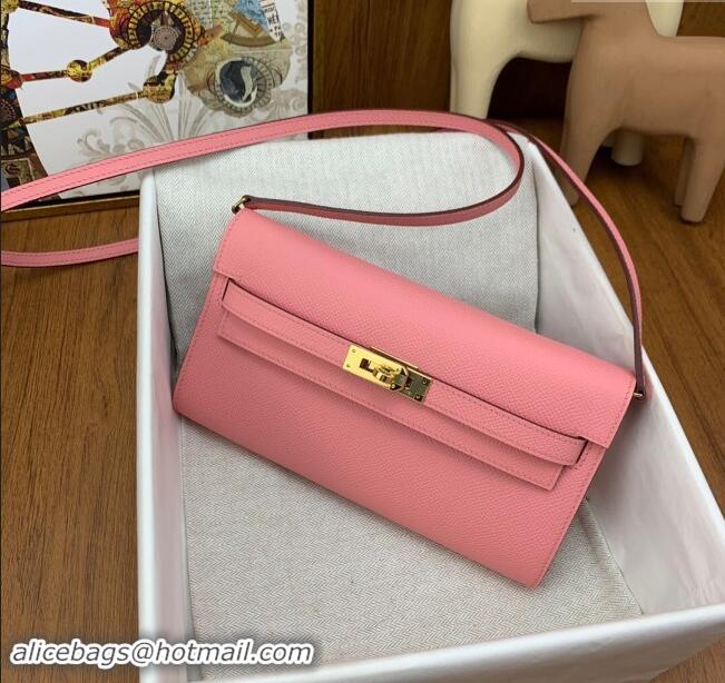 Luxury Cheap Hermes Kelly To Go Wallet Bag in Original Epsom Leather H0801 1Q Milk Shake Pink/Gold 2024 (Full Handmade)