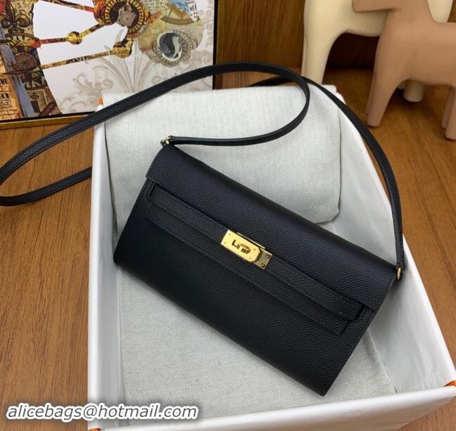 Grade Quality Hermes Kelly To Go Wallet Bag in Original Epsom Leather H0801 Black/Gold 2024 (Full Handmade)