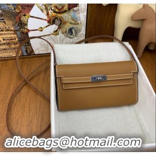 Top Design Hermes Kelly To Go Wallet Bag in Original Epsom Leather H0801 Brown/Silver 2024 (Full Handmade)