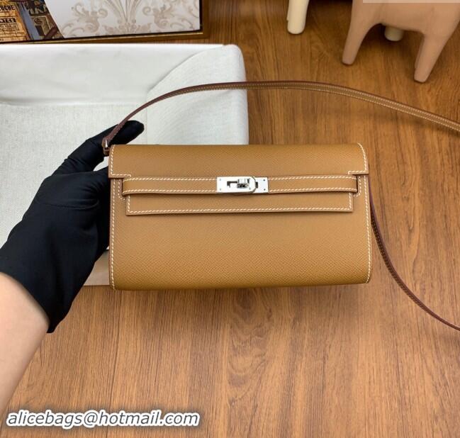 Top Design Hermes Kelly To Go Wallet Bag in Original Epsom Leather H0801 Brown/Silver 2024 (Full Handmade)