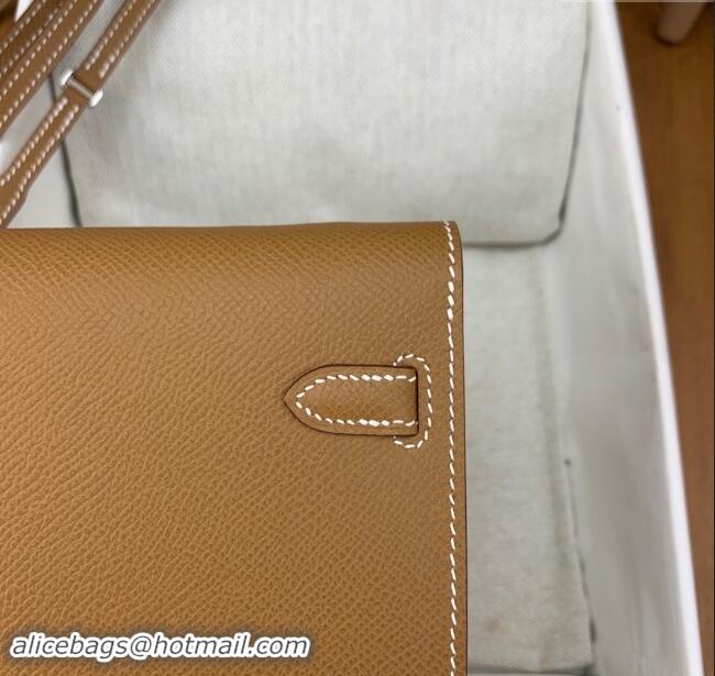 Top Design Hermes Kelly To Go Wallet Bag in Original Epsom Leather H0801 Brown/Silver 2024 (Full Handmade)