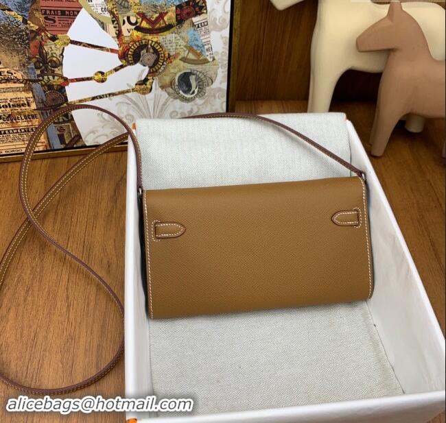 Top Design Hermes Kelly To Go Wallet Bag in Original Epsom Leather H0801 Brown/Silver 2024 (Full Handmade)