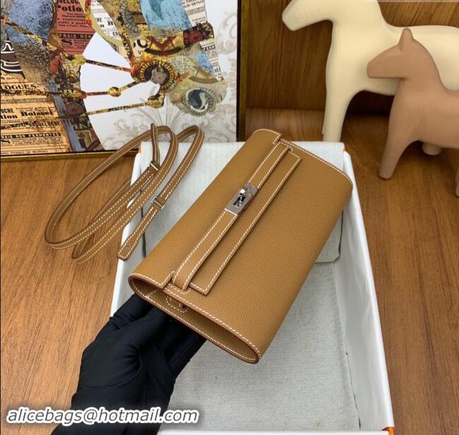 Top Design Hermes Kelly To Go Wallet Bag in Original Epsom Leather H0801 Brown/Silver 2024 (Full Handmade)