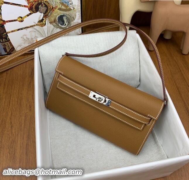 Top Design Hermes Kelly To Go Wallet Bag in Original Epsom Leather H0801 Brown/Silver 2024 (Full Handmade)