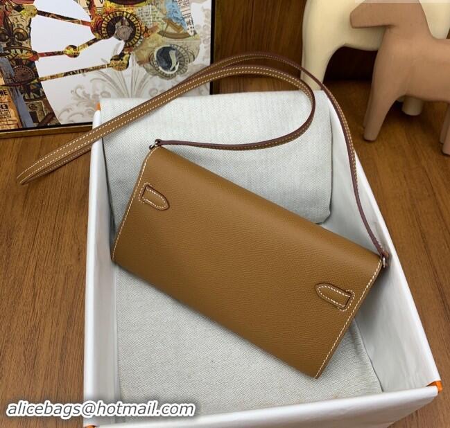 Top Design Hermes Kelly To Go Wallet Bag in Original Epsom Leather H0801 Brown/Silver 2024 (Full Handmade)