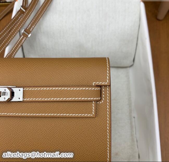 Top Design Hermes Kelly To Go Wallet Bag in Original Epsom Leather H0801 Brown/Silver 2024 (Full Handmade)