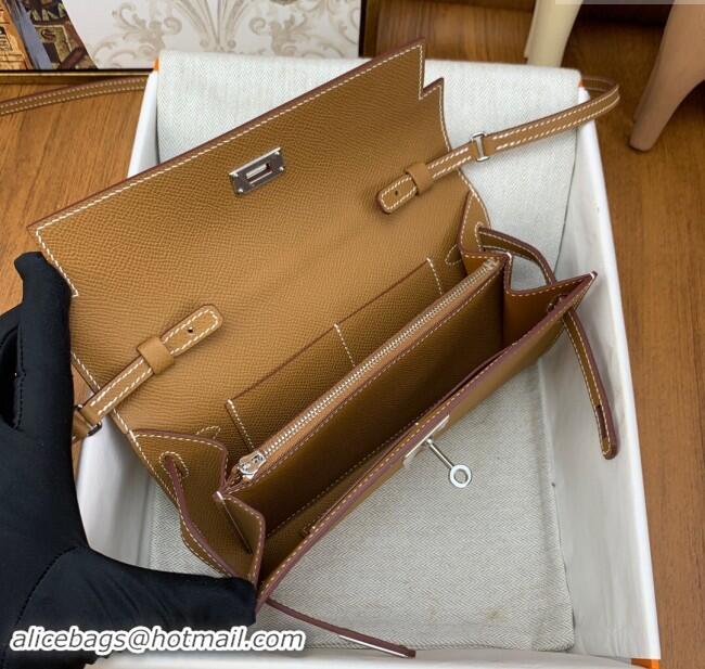 Top Design Hermes Kelly To Go Wallet Bag in Original Epsom Leather H0801 Brown/Silver 2024 (Full Handmade)