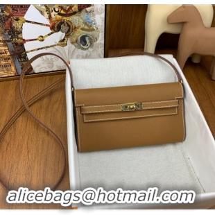 Famous Brand Hermes Kelly To Go Wallet Bag in Original Epsom Leather H0801 Brown/Gold 2024 (Full Handmade)