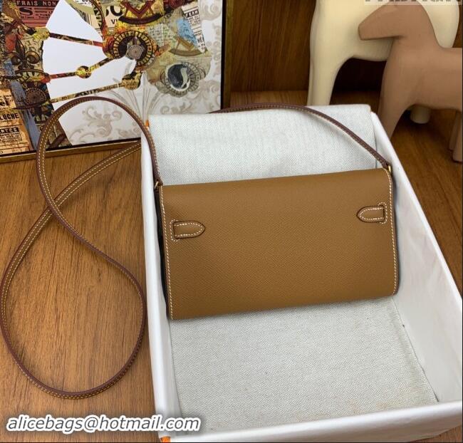 Famous Brand Hermes Kelly To Go Wallet Bag in Original Epsom Leather H0801 Brown/Gold 2024 (Full Handmade)