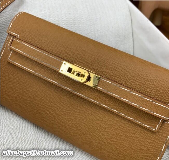 Famous Brand Hermes Kelly To Go Wallet Bag in Original Epsom Leather H0801 Brown/Gold 2024 (Full Handmade)