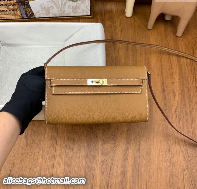 Famous Brand Hermes Kelly To Go Wallet Bag in Original Epsom Leather H0801 Brown/Gold 2024 (Full Handmade)