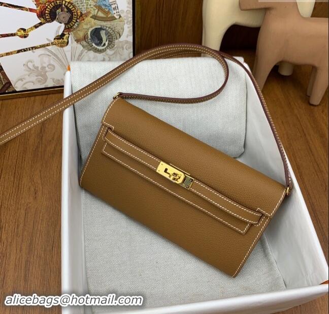 Famous Brand Hermes Kelly To Go Wallet Bag in Original Epsom Leather H0801 Brown/Gold 2024 (Full Handmade)