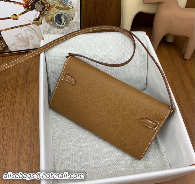 Famous Brand Hermes Kelly To Go Wallet Bag in Original Epsom Leather H0801 Brown/Gold 2024 (Full Handmade)