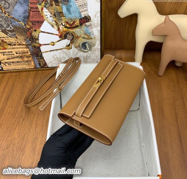 Famous Brand Hermes Kelly To Go Wallet Bag in Original Epsom Leather H0801 Brown/Gold 2024 (Full Handmade)