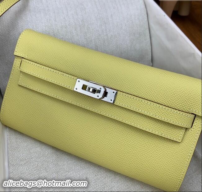 Best Quality Hermes Kelly To Go Wallet Bag in Original Epsom Leather H0801 Chick Yellow/Silver 2024 (Full Handmade)