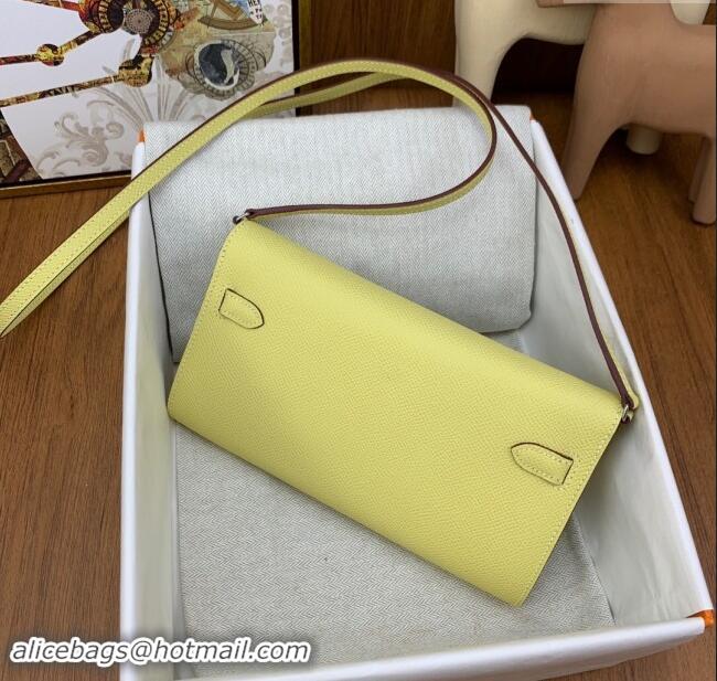 Best Quality Hermes Kelly To Go Wallet Bag in Original Epsom Leather H0801 Chick Yellow/Silver 2024 (Full Handmade)