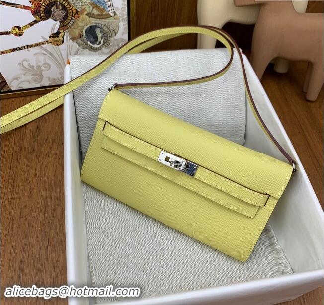 Best Quality Hermes Kelly To Go Wallet Bag in Original Epsom Leather H0801 Chick Yellow/Silver 2024 (Full Handmade)