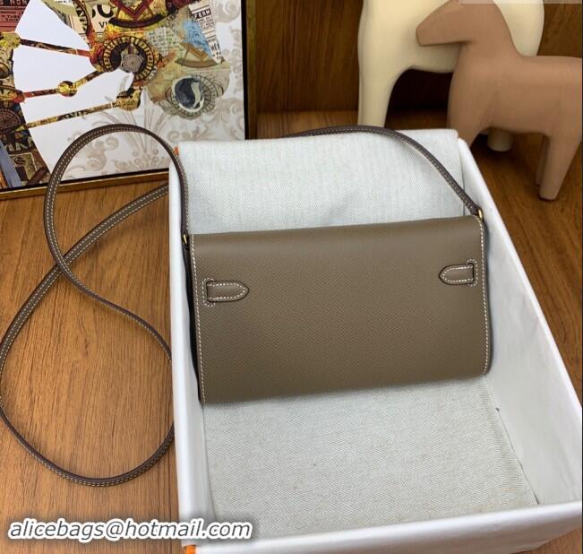 New Fashion Hermes Kelly To Go Wallet Bag in Original Epsom Leather H0801 Etoupe/Gold 2024 (Full Handmade)