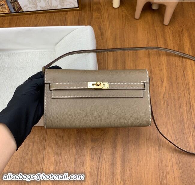 New Fashion Hermes Kelly To Go Wallet Bag in Original Epsom Leather H0801 Etoupe/Gold 2024 (Full Handmade)