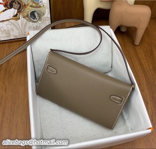 New Fashion Hermes Kelly To Go Wallet Bag in Original Epsom Leather H0801 Etoupe/Gold 2024 (Full Handmade)