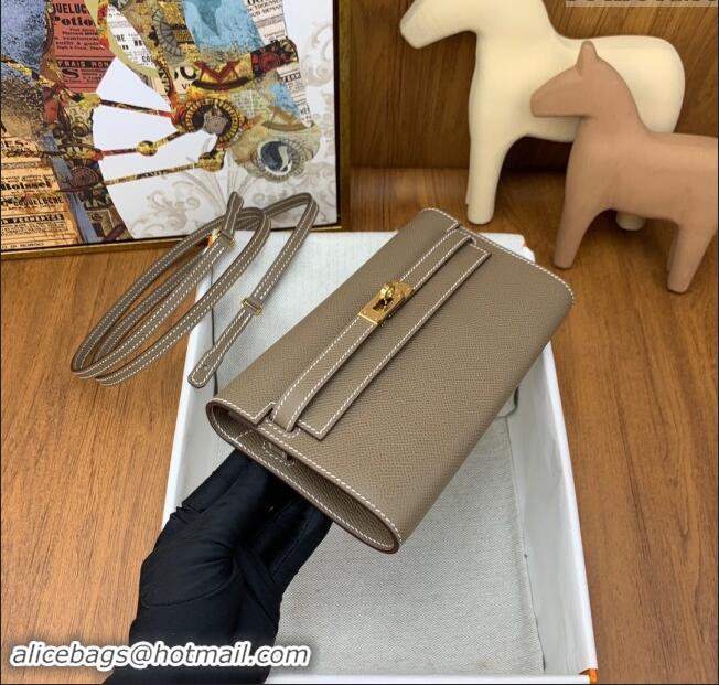 New Fashion Hermes Kelly To Go Wallet Bag in Original Epsom Leather H0801 Etoupe/Gold 2024 (Full Handmade)