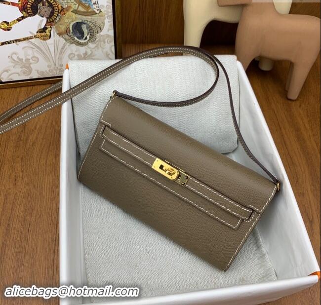 New Fashion Hermes Kelly To Go Wallet Bag in Original Epsom Leather H0801 Etoupe/Gold 2024 (Full Handmade)