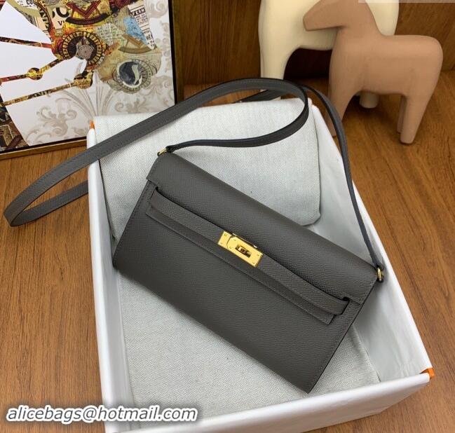 Well Crafted Hermes Kelly To Go Wallet Bag in Original Epsom Leather H0801 8F Tinware Grey/Gold 2024 (Full Handmade)