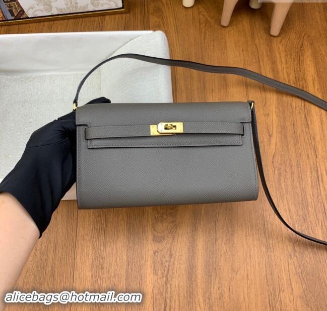 Well Crafted Hermes Kelly To Go Wallet Bag in Original Epsom Leather H0801 8F Tinware Grey/Gold 2024 (Full Handmade)