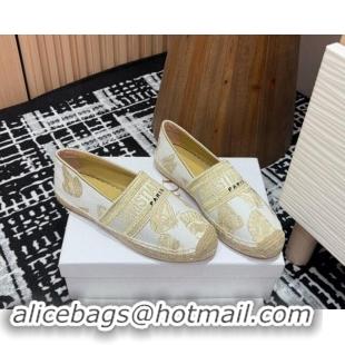 Classic Hot Dior Granville Espadrilles Flat in Cotton Embroidered with Butterfly Motif White/Gold 930044