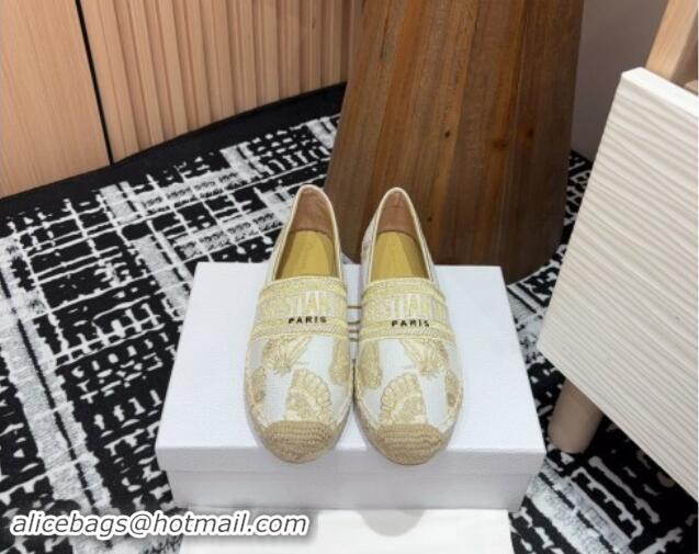 Classic Hot Dior Granville Espadrilles Flat in Cotton Embroidered with Butterfly Motif White/Gold 930044