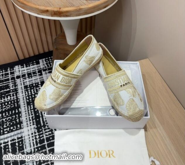 Classic Hot Dior Granville Espadrilles Flat in Cotton Embroidered with Butterfly Motif White/Gold 930044