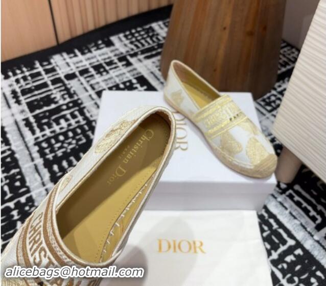 Classic Hot Dior Granville Espadrilles Flat in Cotton Embroidered with Butterfly Motif White/Gold 930044