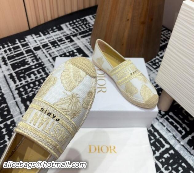 Classic Hot Dior Granville Espadrilles Flat in Cotton Embroidered with Butterfly Motif White/Gold 930044