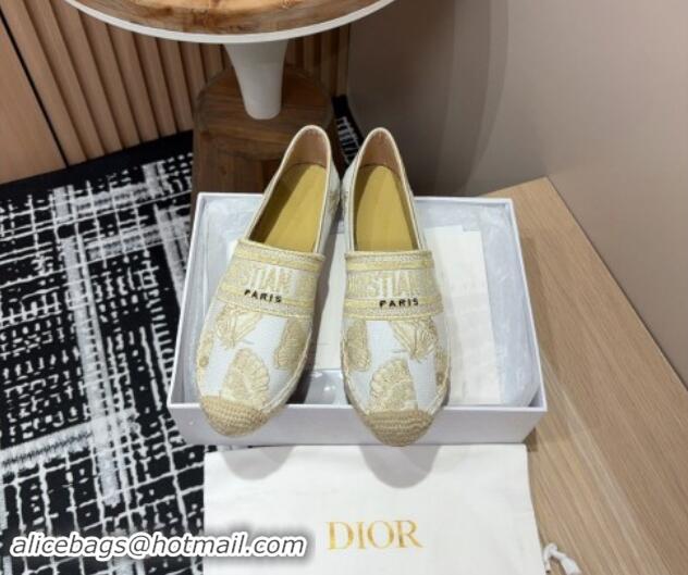 Classic Hot Dior Granville Espadrilles Flat in Cotton Embroidered with Butterfly Motif White/Gold 930044