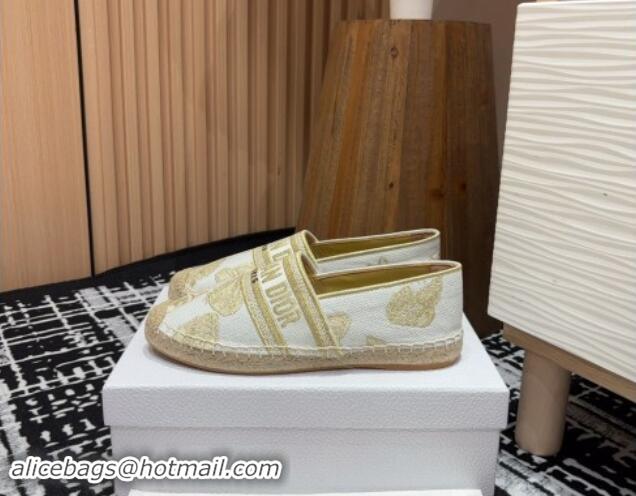 Classic Hot Dior Granville Espadrilles Flat in Cotton Embroidered with Butterfly Motif White/Gold 930044