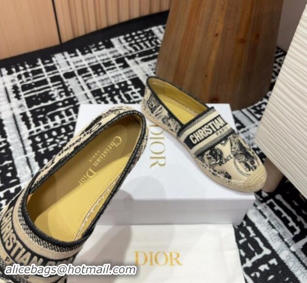 Grade Quality Dior Flat Espadrilles in Light Beige Cotton Embroidered with Plan de Paris Motif 930048