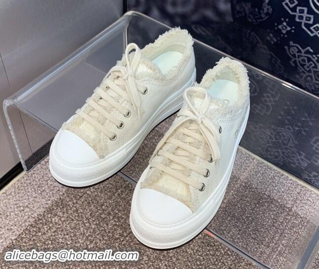 Buy Luxury Dior Walk'n'Dior Platform Sneakers in Pale Beige Fringed and Embroidered Cotton Canvas 930050