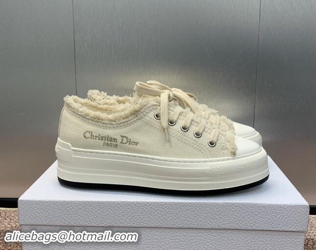 Buy Luxury Dior Walk'n'Dior Platform Sneakers in Pale Beige Fringed and Embroidered Cotton Canvas 930050