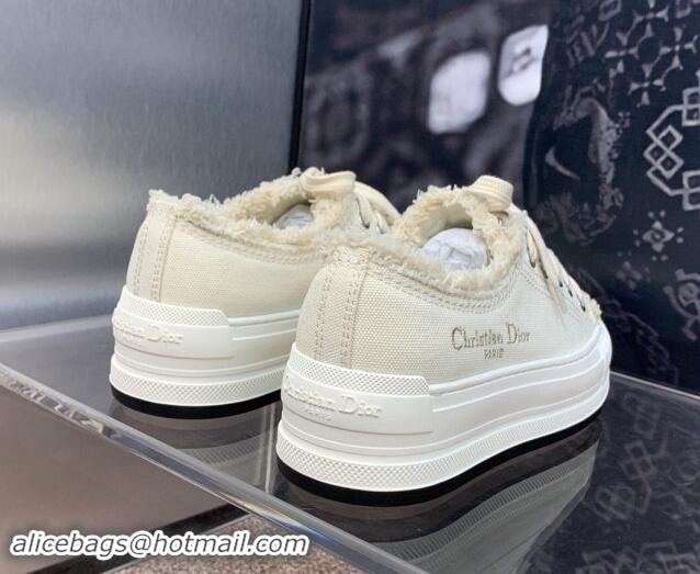 Buy Luxury Dior Walk'n'Dior Platform Sneakers in Pale Beige Fringed and Embroidered Cotton Canvas 930050