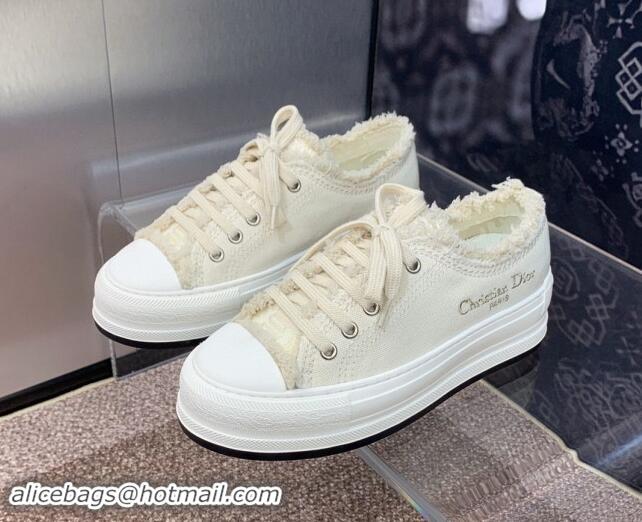 Buy Luxury Dior Walk'n'Dior Platform Sneakers in Pale Beige Fringed and Embroidered Cotton Canvas 930050